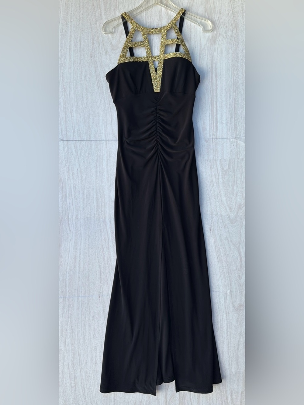 MARINA Black Maxi Dress with Gold Beaded Halter